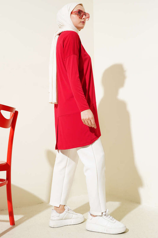 Asymmetrical Back Slit Tunic Red