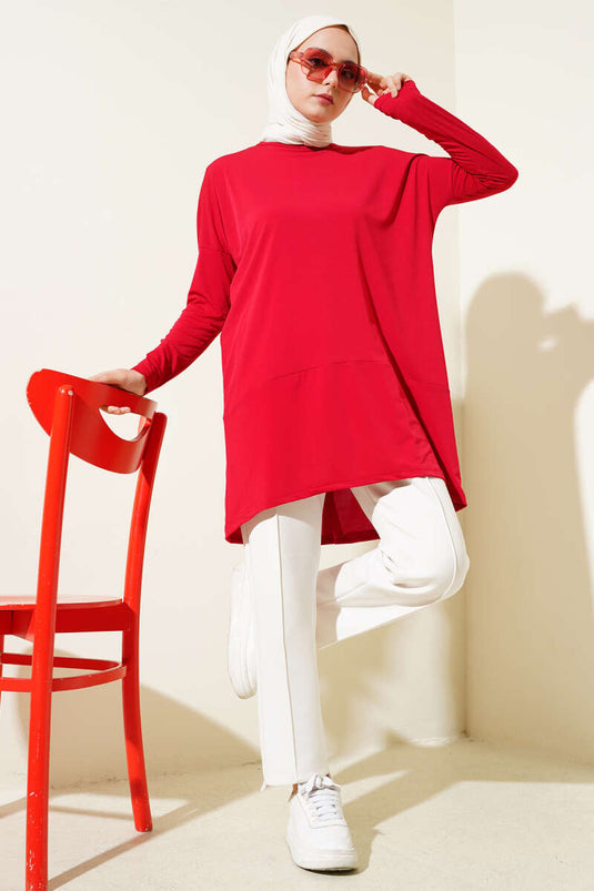 Asymmetrical Back Slit Tunic Red