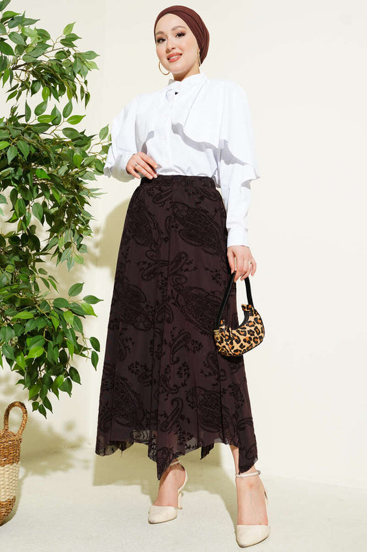 Asymmetrische rok met bloemen en tule, bruin