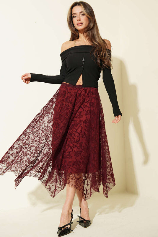 Asymmetric Floral Tulle Midi Skirt Burgundy
