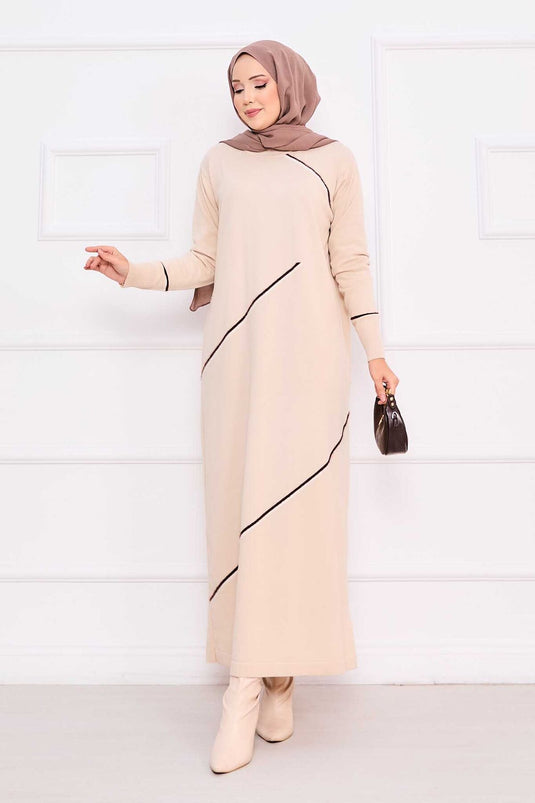 Robe hijab en maille beige à rayures asymétriques