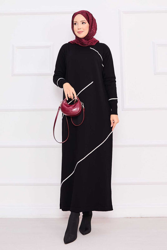 Robe hijab en maille noire à rayures asymétriques