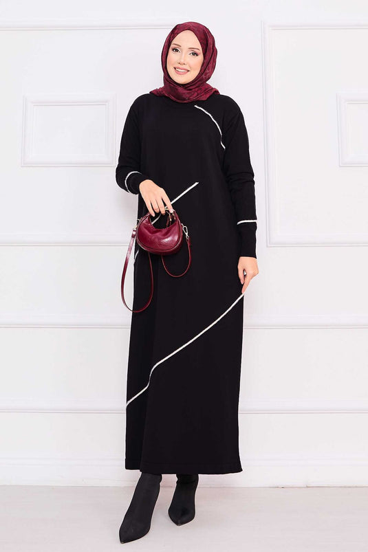 Robe hijab en maille noire à rayures asymétriques