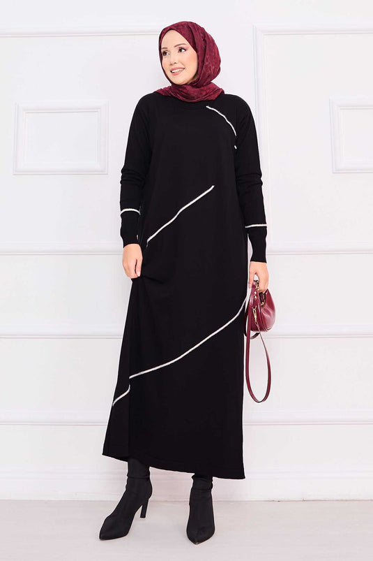 Robe hijab en maille noire à rayures asymétriques