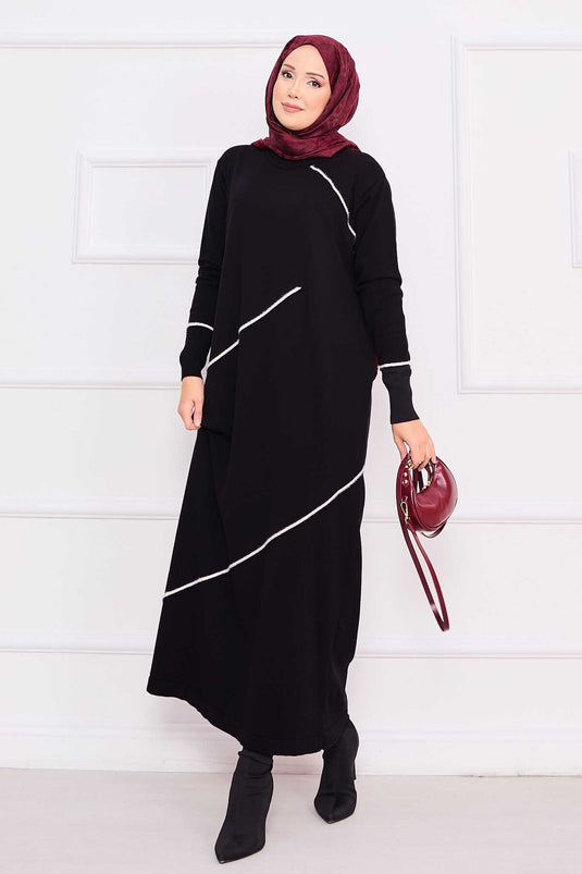 Robe hijab en maille noire à rayures asymétriques