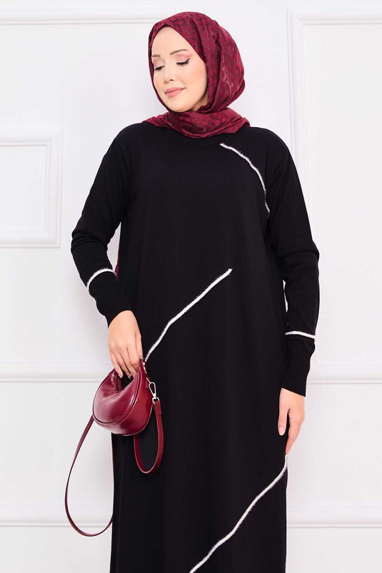 Robe hijab en maille noire à rayures asymétriques