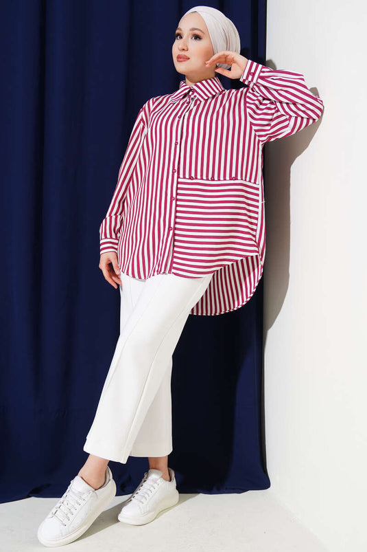 Asymmetric Striped Buttoned Shirt Burgundy