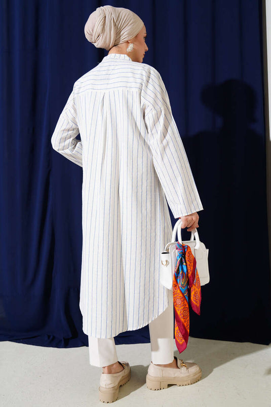 Asymmetric Striped Long Linen Shirt Blue