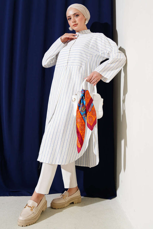 Asymmetric Striped Long Linen Shirt Blue