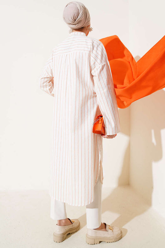 Asymmetric Striped Long Linen Shirt Orange