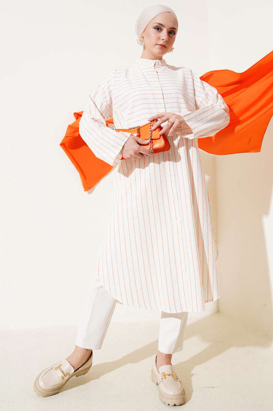Asymmetric Striped Long Linen Shirt Orange