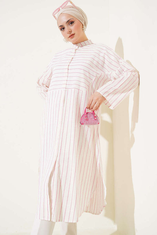 قميص كتان طويل مخطط غير متماثل باللون الوردي