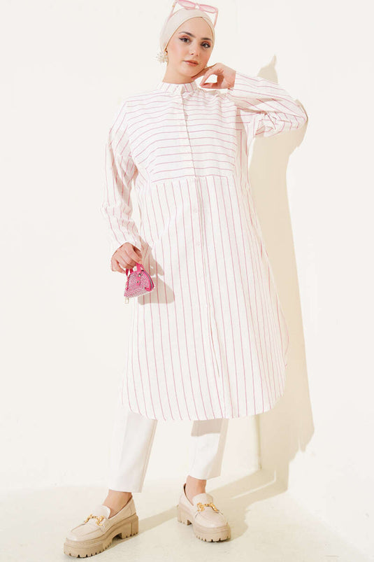 Asymmetric Striped Long Linen Shirt Pink