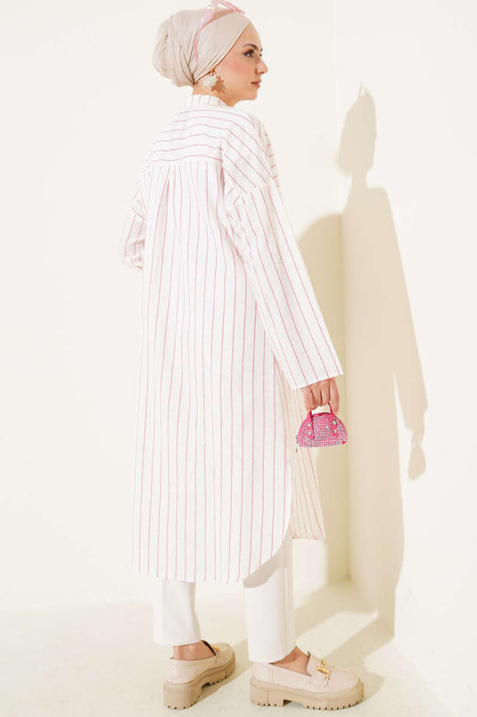 Asymmetric Striped Long Linen Shirt Pink