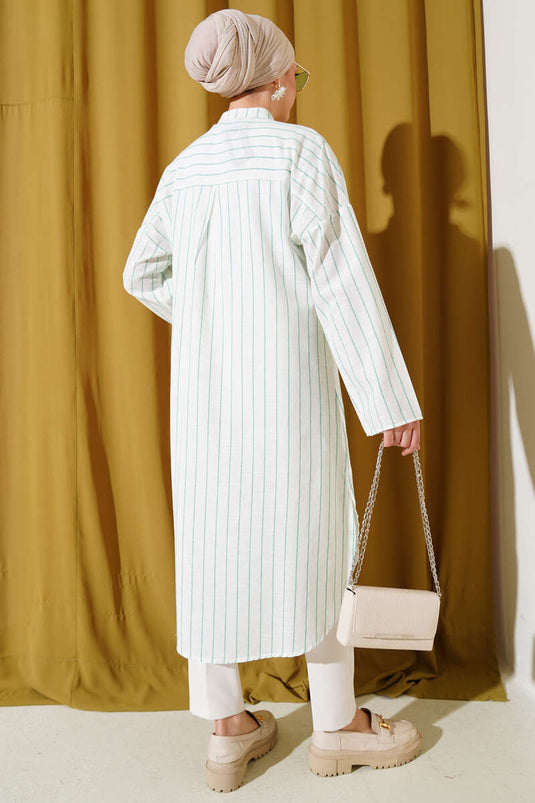Asymmetric Striped Long Linen Shirt Green