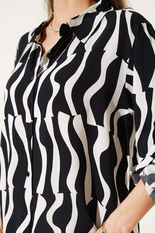 Asymmetrical Patterned Folded Sleeve Shirt Black