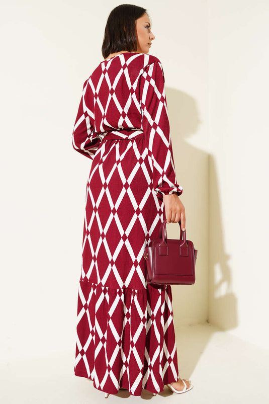 Asymmetrical Patterned Belted Dress Burgundy