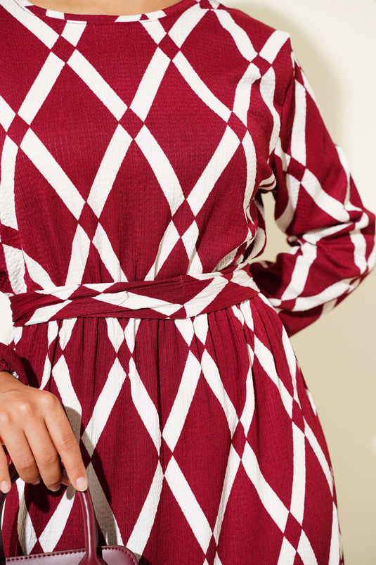 Asymmetrical Patterned Belted Dress Burgundy