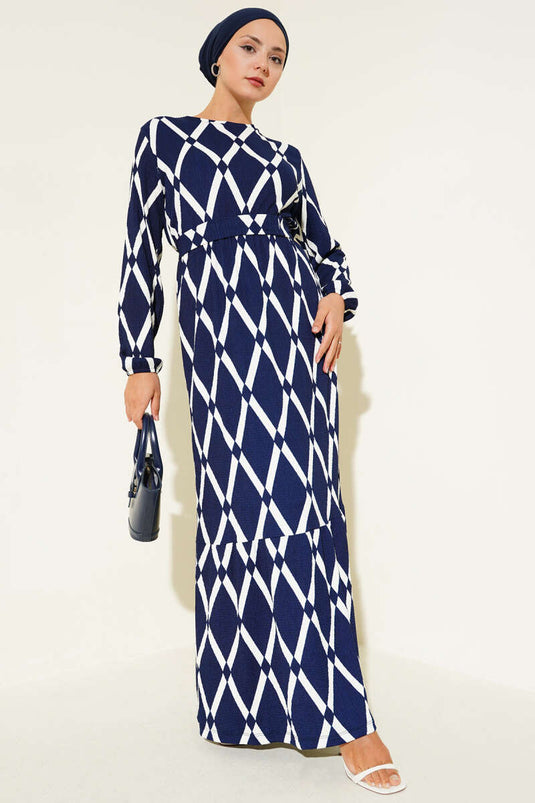 Asymmetrical Patterned Belted Dress Navy Blue