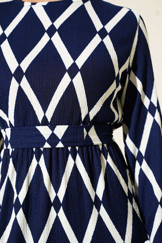 Asymmetrical Patterned Belted Dress Navy Blue