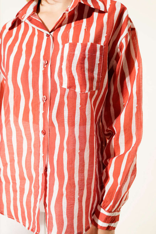Asymmetrical Vertical Striped Shirt Red