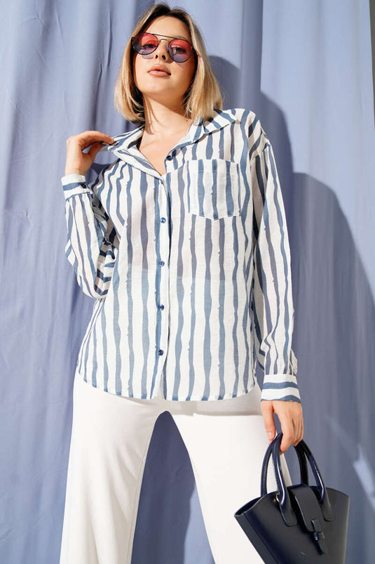 Asymmetrical Vertical Striped Shirt Navy Blue