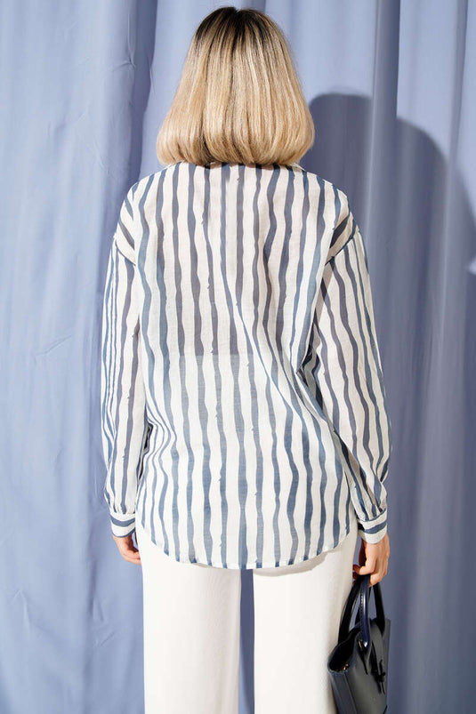 Asymmetrical Vertical Striped Shirt Navy Blue