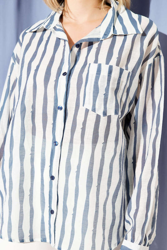 Asymmetrical Vertical Striped Shirt Navy Blue