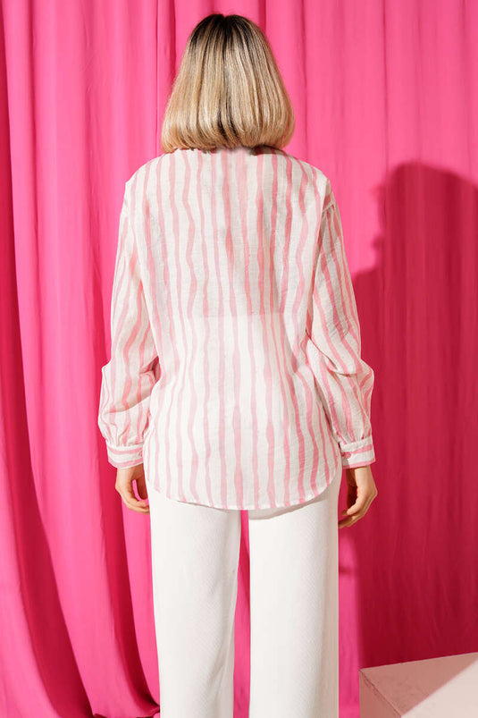 Camicia a righe verticali asimmetriche rosa