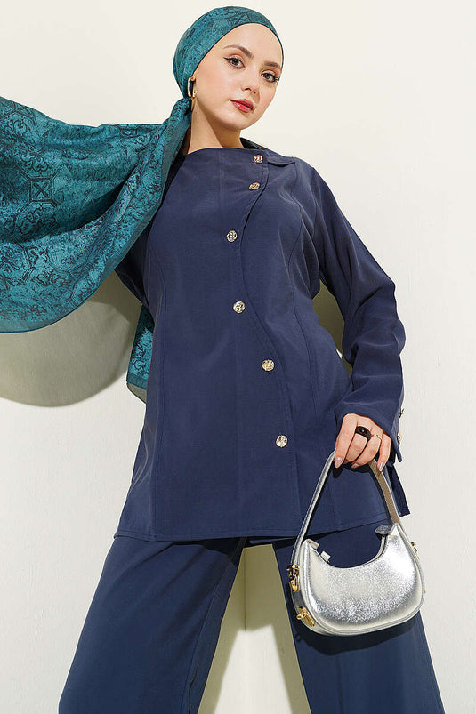 Ensemble double en Tencel bleu marine asymétrique à boutons et cordon