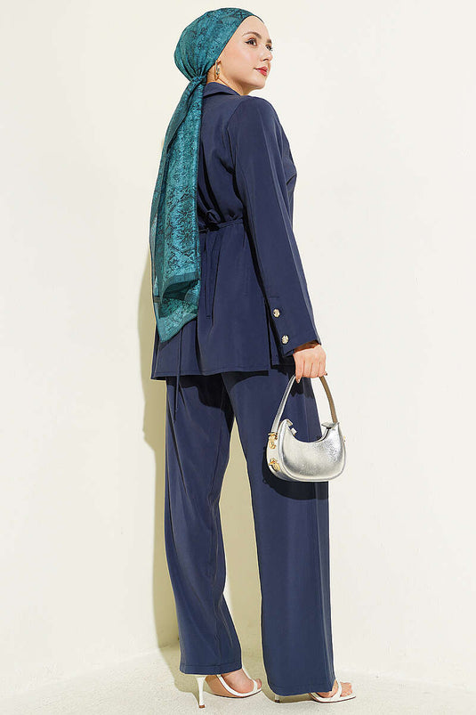 Ensemble double en Tencel bleu marine asymétrique à boutons et cordon