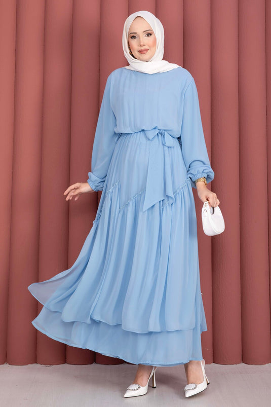 Robe en chiffon avec détails asymétriques à volants bleu bébé