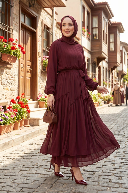 Robe en chiffon asymétrique avec détails à volants Bordeaux