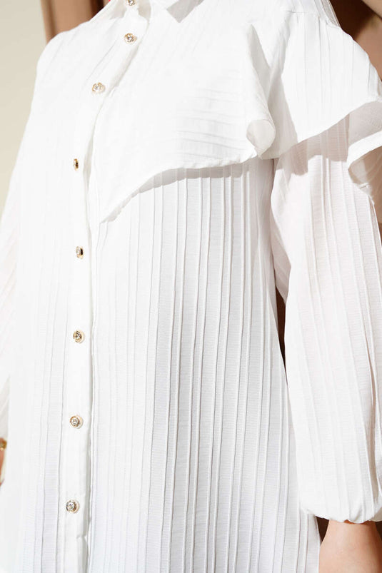 Asymmetric Ruffled Embossed Striped Shirt Ecru