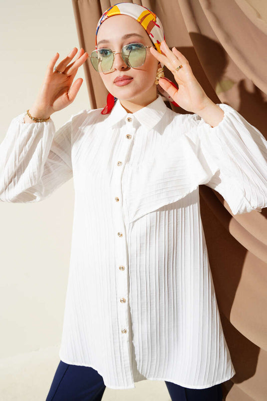 Asymmetric Ruffled Embossed Striped Shirt Ecru