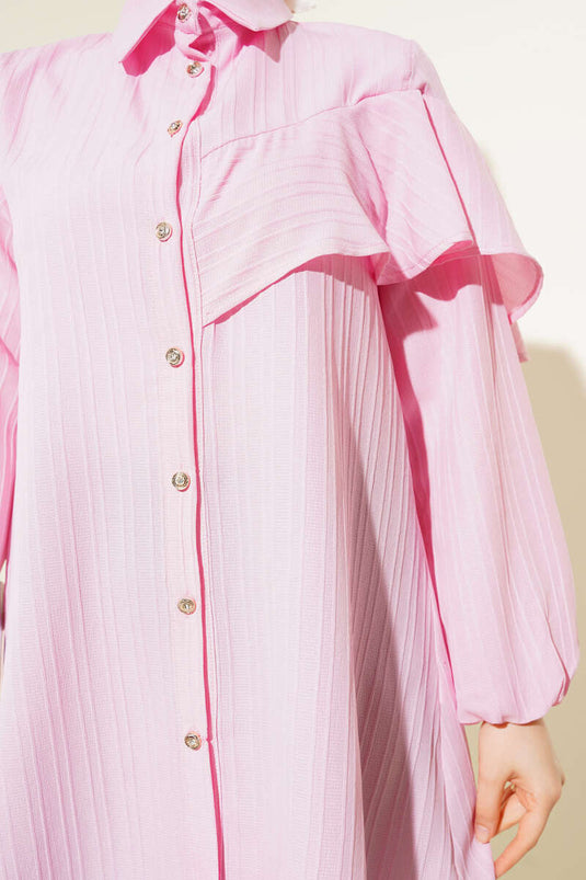Asymmetrical Ruffled Embossed Striped Shirt Pink