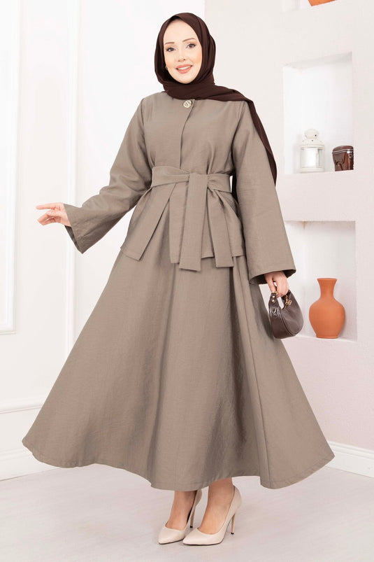 Ensemble jupe et veste asymétrique avec ceinture et boutons dorés, couleur vison