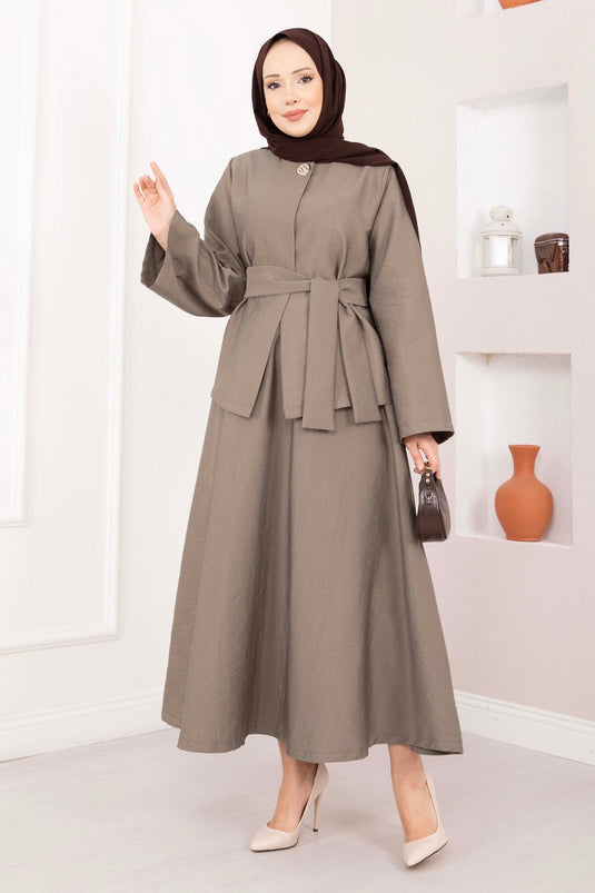 Ensemble jupe et veste asymétrique avec ceinture et boutons dorés, couleur vison