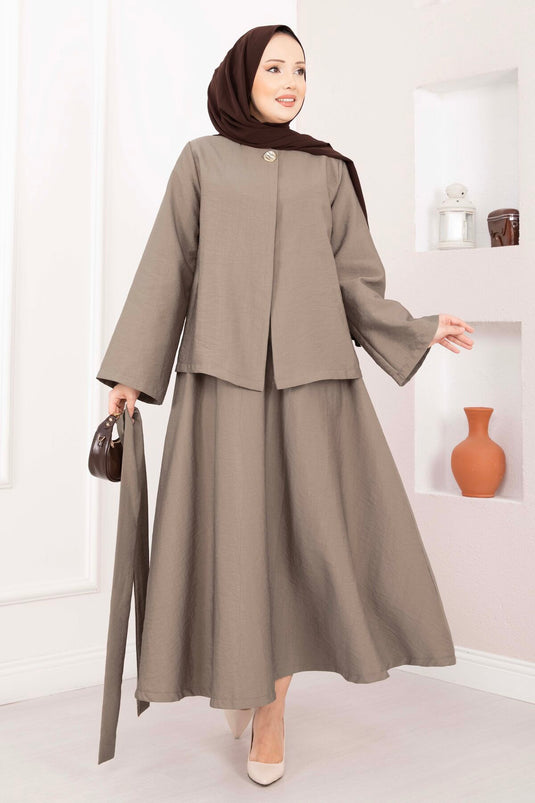 Ensemble jupe et veste asymétrique avec ceinture et boutons dorés, couleur vison