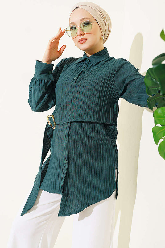 Asymmetrische Smaragd Groene Shirt Met Gouden Knopen