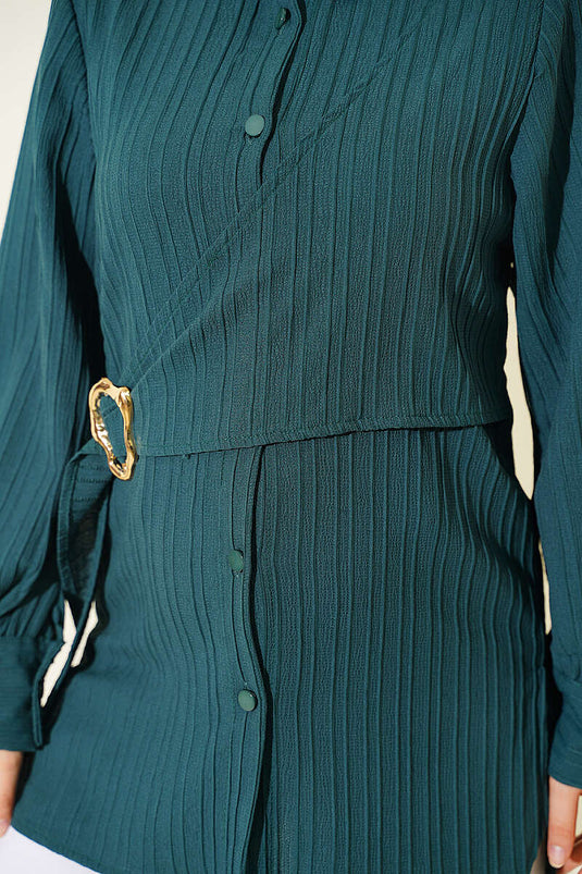 Asymmetrische Smaragd Groene Shirt Met Gouden Knopen