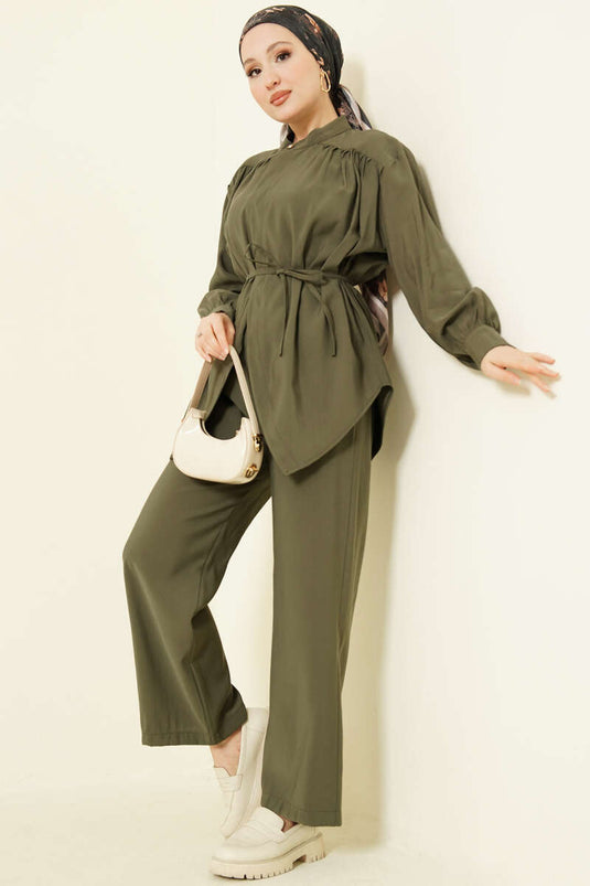 Asymmetrisch koordceintuur modale tweedelig pak kaki