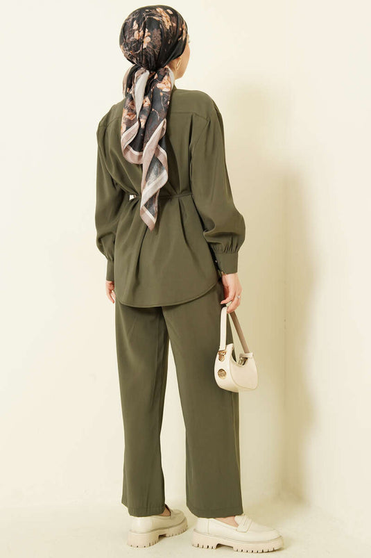 Asymmetrisch koordceintuur modale tweedelig pak kaki