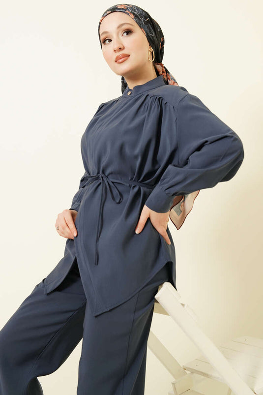 Ensemble double en modal indigo avec ceinture à cordon asymétrique