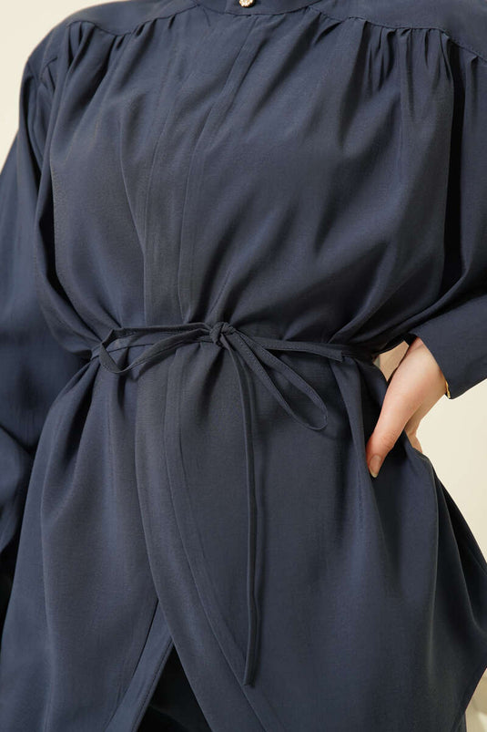 Ensemble double en modal indigo avec ceinture à cordon asymétrique