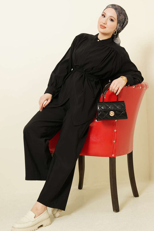 Ensemble double en modal noir avec ceinture à cordon asymétrique