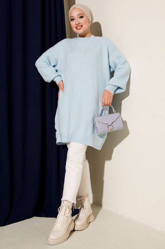 Asymmetrical Embossed Striped Knit Tunic Baby Blue