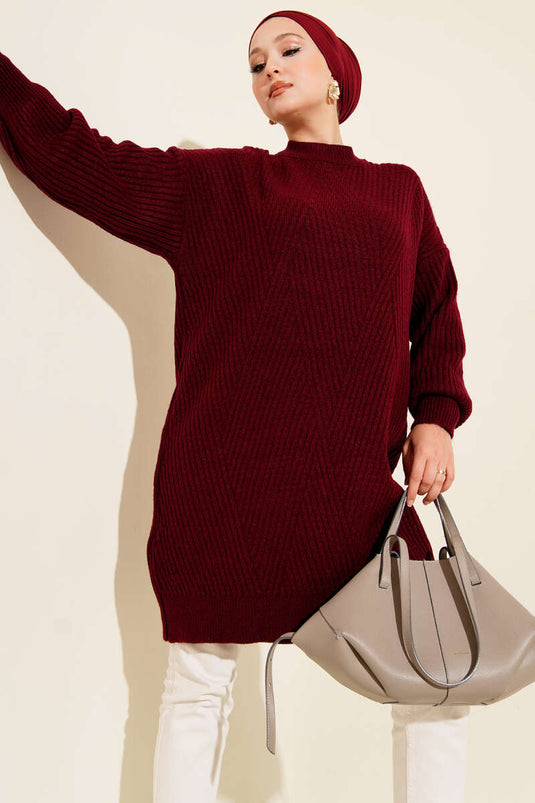 Tunique asymétrique en maille rayée gaufrée, bordeaux