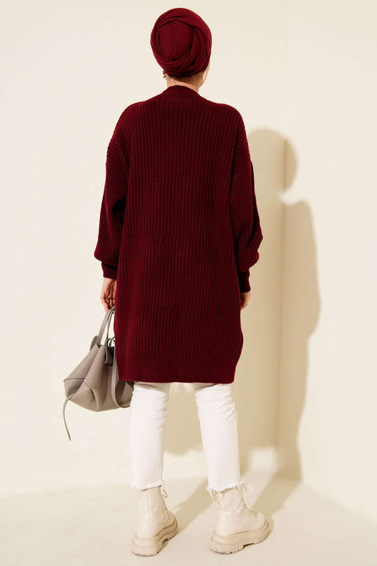 Asymmetrische, geprägte, gestreifte Stricktunika, Burgunderrot
