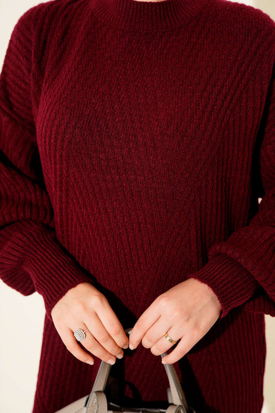 Tunique asymétrique en maille rayée gaufrée, bordeaux